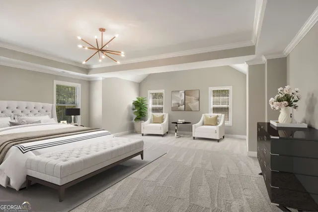 a bedroom with bed couches and potted plant on table