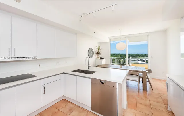 a kitchen with white cabinets and white appliances
