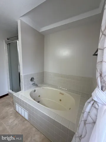 a bathroom with a bathtub and shower