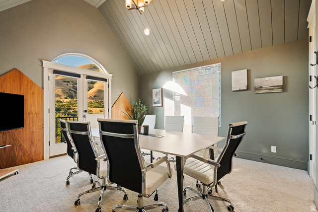 1141 South Oak Leaf Lane Springville, UT 84663 - Photo 76 of 147 Vaulted ceiling with shiplap detail, arched transom window, and double French doors opening to a balcony