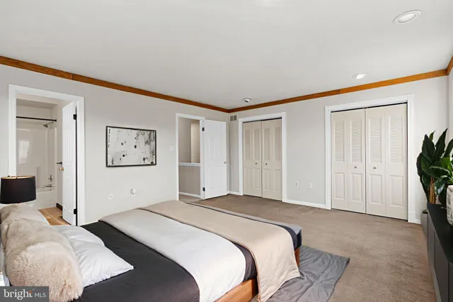 a bedroom with a large bed and potted plant