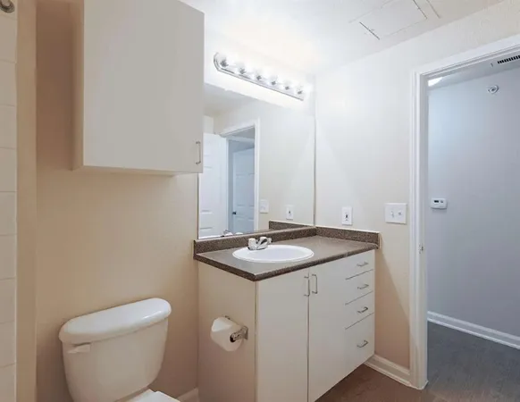 a bathroom with a granite countertop sink a toilet and a mirror
