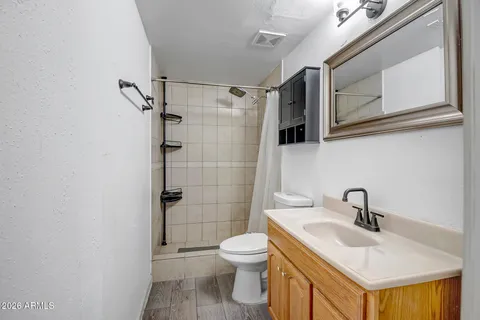 a bathroom with a sink toilet and shower