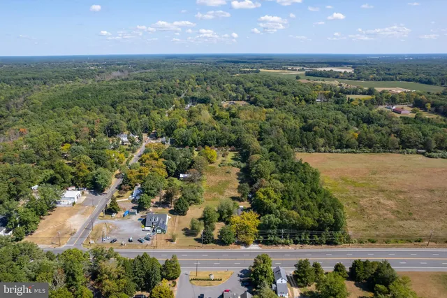 an aerial view of residential houses with outdoor space and trees