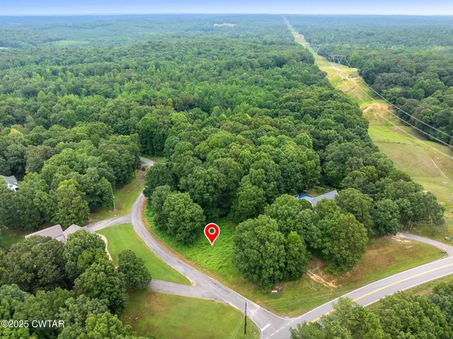 an aerial view of a residential houses covered in trees