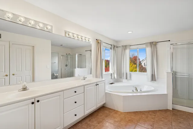 a bathroom with a tub a sink double vanity and a mirror