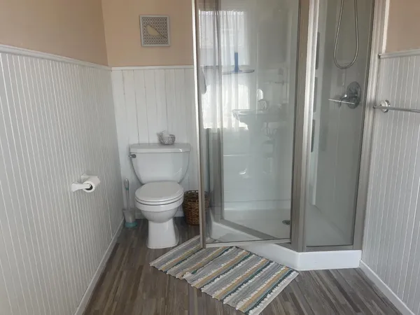 a bathroom with a toilet and a shower