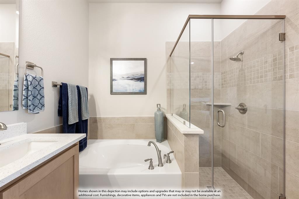 14550 Lovelace Street Pilot Point, TX 76258 - Photo 20 of 23 a bathroom with a granite countertop sink a toilet and shower