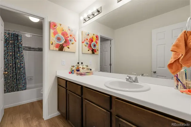 a bathroom with a sink mirror and vanity