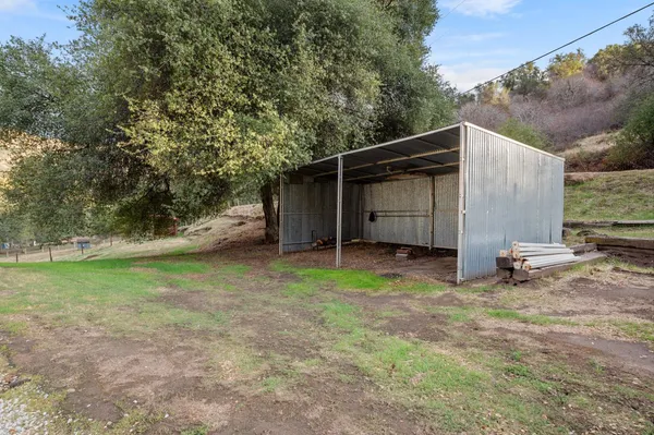 a view of a backyard with large trees and a small barn