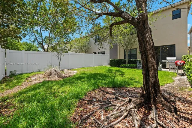 a backyard of a house with plants and large tree