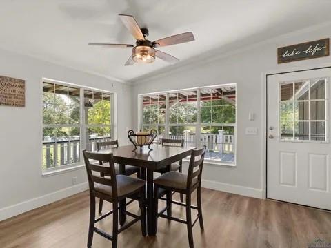 429 Private Road Big Sandy, TX 75755 - Photo 13 of 24 Dining space with plenty of natural light, wood finished floors, a ceiling fan, ornamental molding, and lofted ceiling
