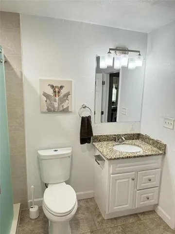 a bathroom with a granite countertop toilet sink and mirror
