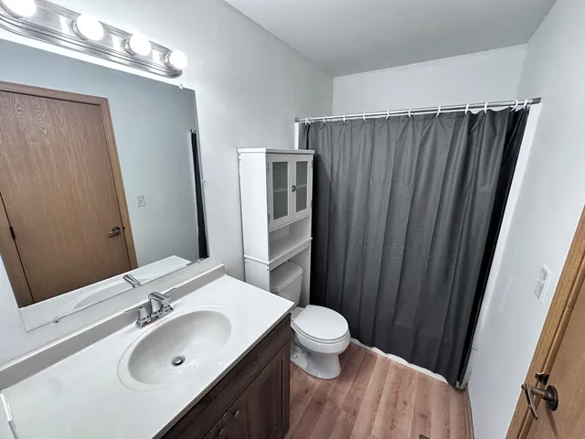 a bathroom with a sink toilet and shower