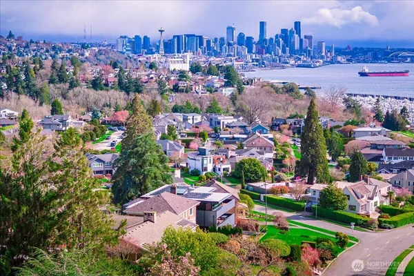 a view of a city from a yard