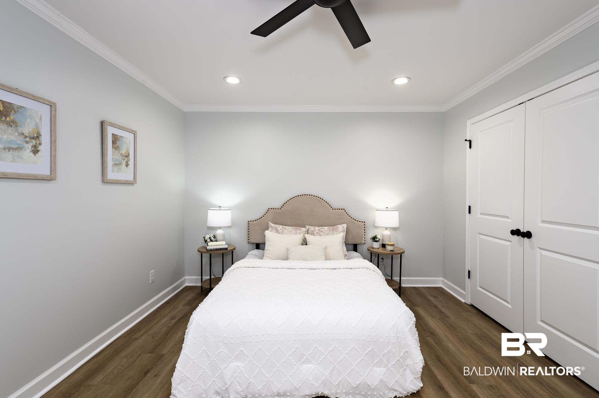6001 Camp Halls Mill Road Mobile, AL 36619 - Photo 34 of 52 Bedroom with crown molding, dark wood-style flooring, recessed lighting, a ceiling fan, and a closet