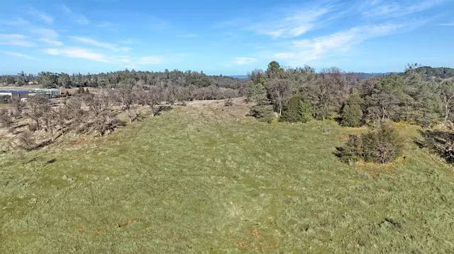 a view of a dry yard with mountains and green space