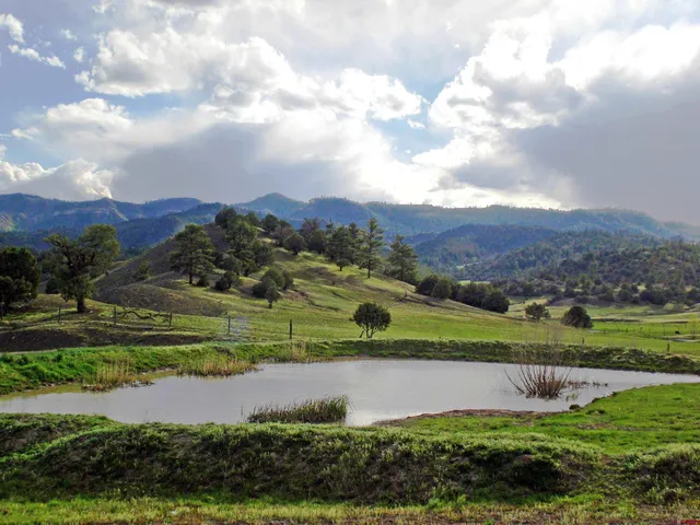 a view of green field with mountains in the background