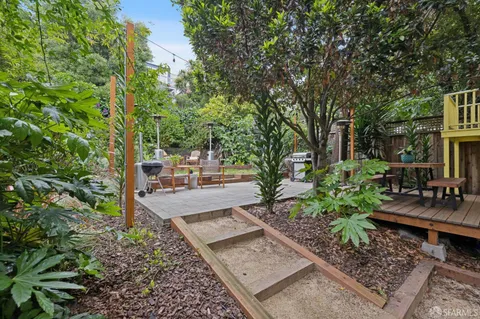 a view of a backyard with sitting area
