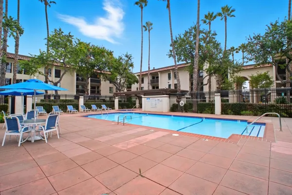 an outdoor space with seating area