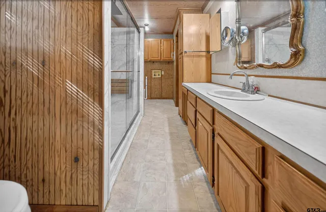 a bathroom with a sink and a mirror
