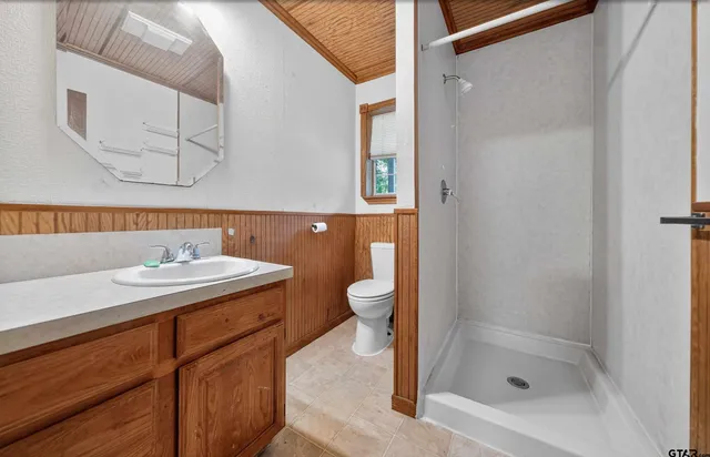 a bathroom with a sink a toilet and shower