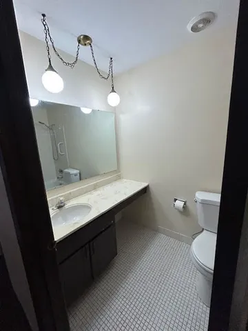 a bathroom with a sink vanity and a toilet