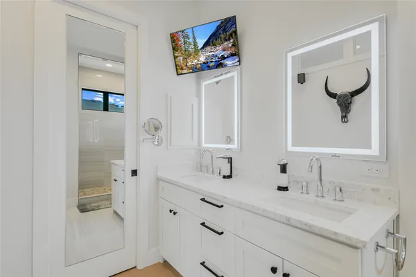 a bathroom with a double vanity sink mirror and shower