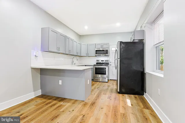 a kitchen with stainless steel appliances a refrigerator and a stove