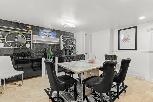 a view of a dining room with furniture