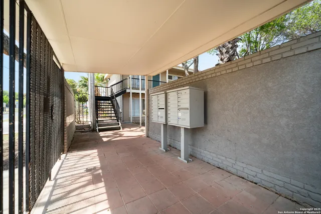 a porch with seating space