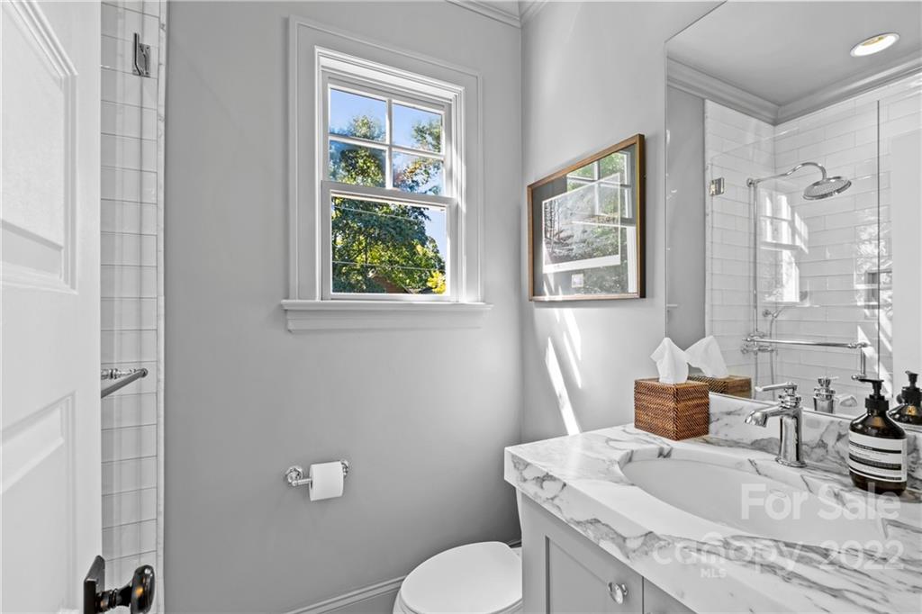 2156 Colony Road Charlotte, NC 28209 - Photo 38 of 46 a bathroom with a granite countertop sink toilet and painting on the wall