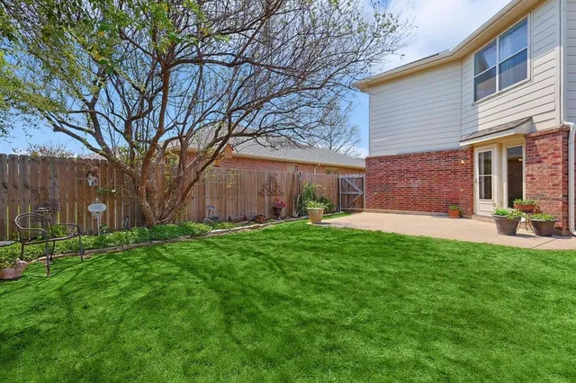 a view of a backyard with a garden and tree