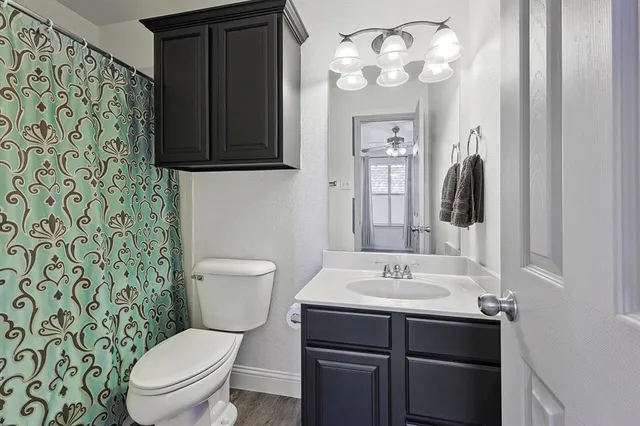 a bathroom with a toilet a sink and mirror