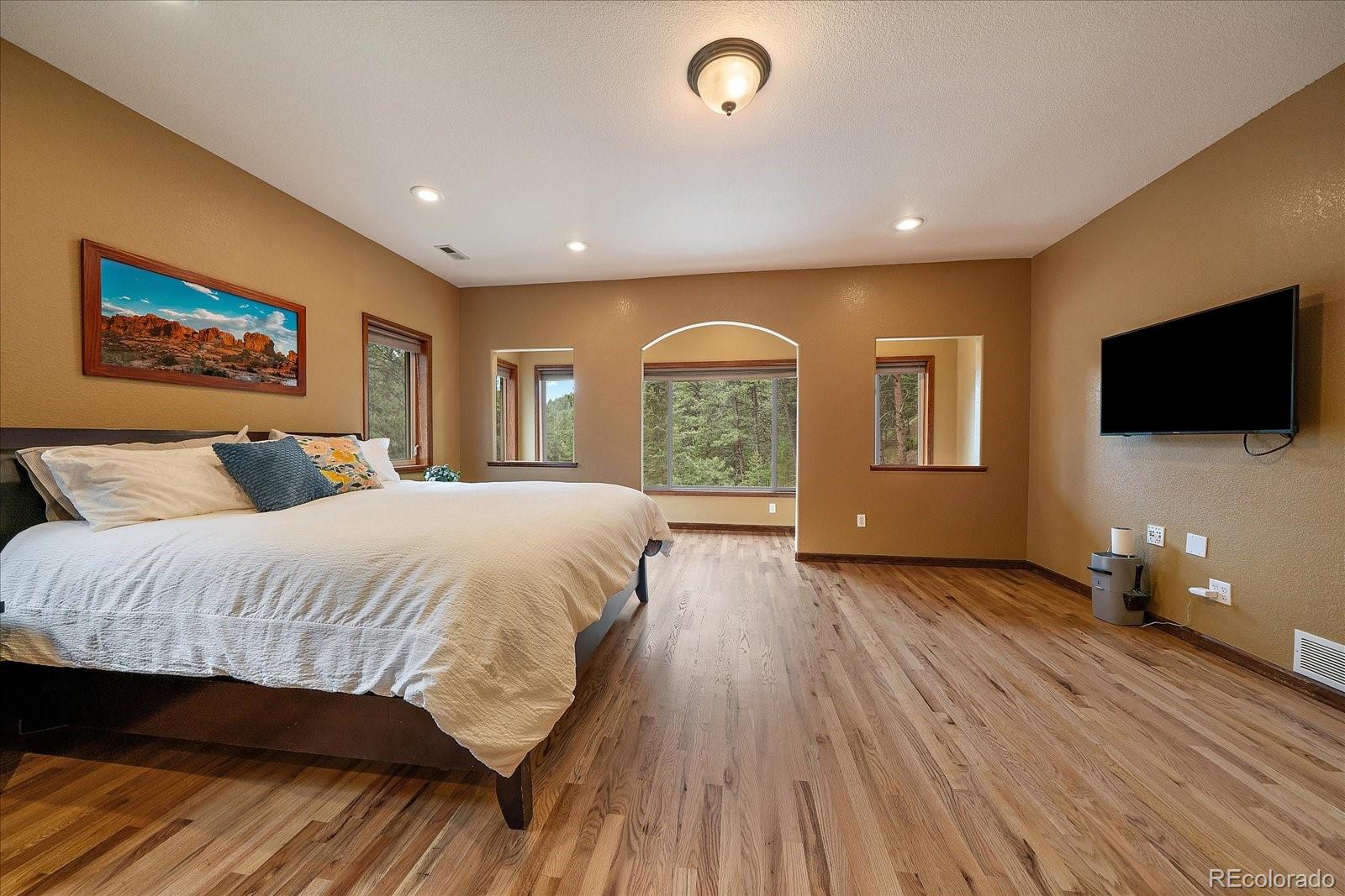 27756 Troublesome Gulch Road Evergreen, CO 80439 - Photo 25 of 47 a spacious bedroom with a bed and a flat screen tv