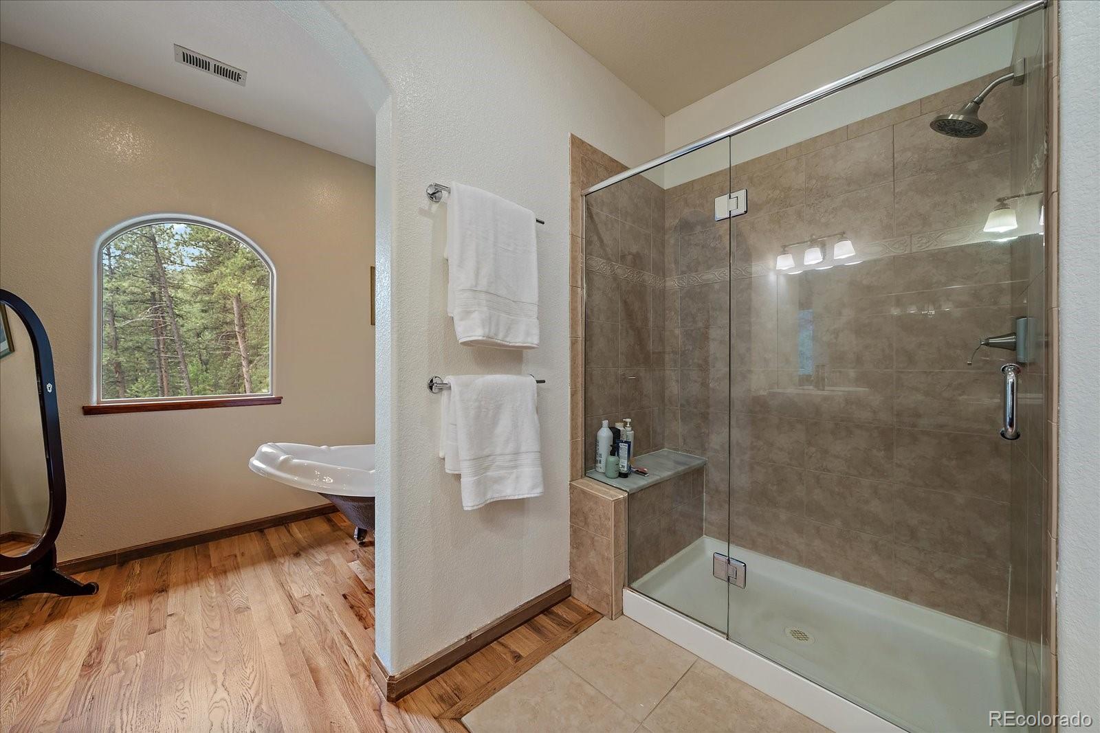 27756 Troublesome Gulch Road Evergreen, CO 80439 - Photo 28 of 47 a bathroom with a bathtub and a shower