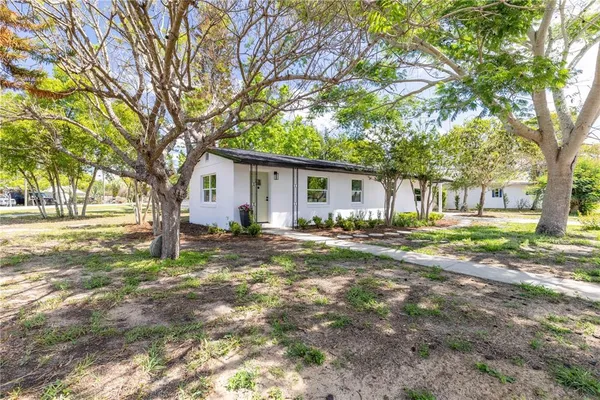 a view of a house with backyard and a tree