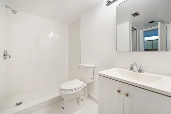 a bathroom with a toilet a sink a mirror and vanity