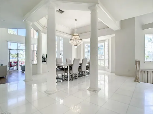 a view of a dining room with furniture window and outside view