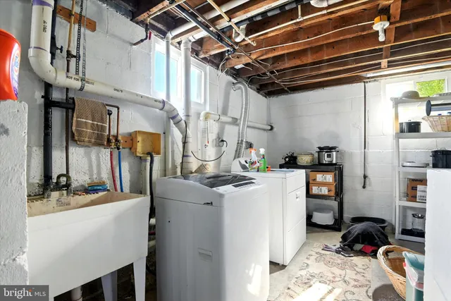 a storage room with sink