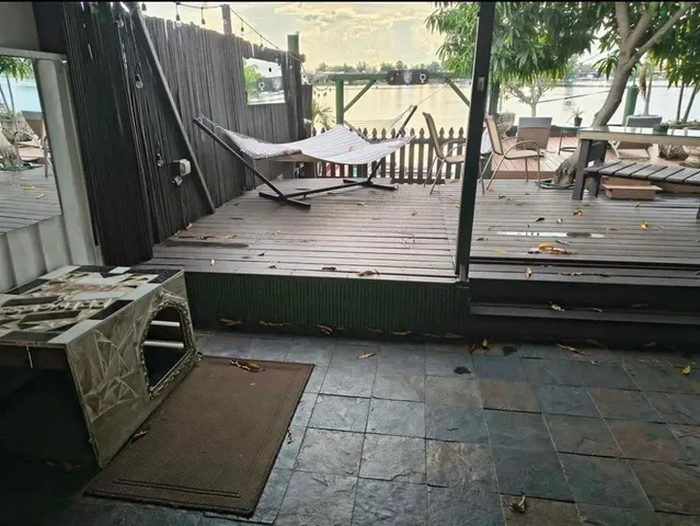 a view of outdoor space stove and kitchen view