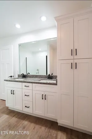 a bathroom with a sink and a mirror