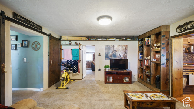 180 North State Street Sigurd, UT 84657 - Photo 23 of 32 Living area featuring a barn door, carpet floors, and a textured ceiling