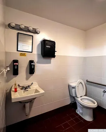 a bathroom with a toilet a sink and mirror