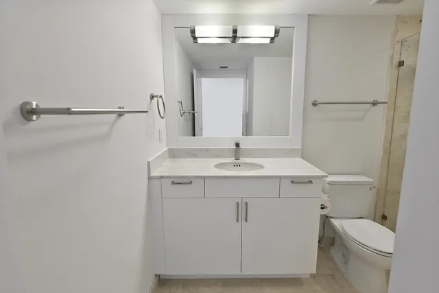 a bathroom with a sink a toilet and mirror