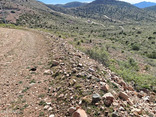 a view of a dry field with mountains in the background