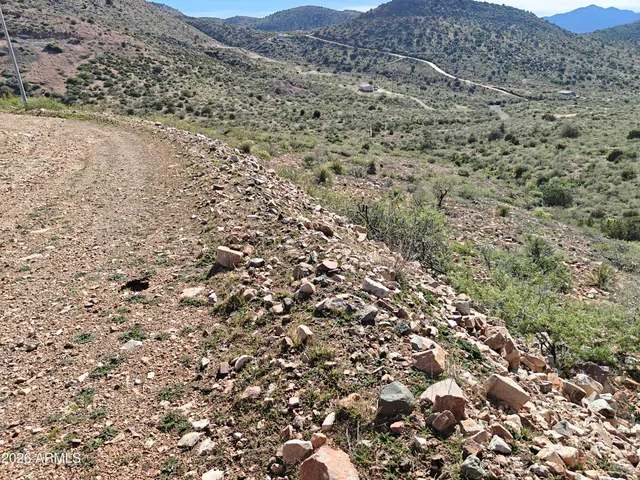 a view of a dry field with mountains in the background
