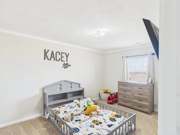 a bedroom with a bed window and dresser