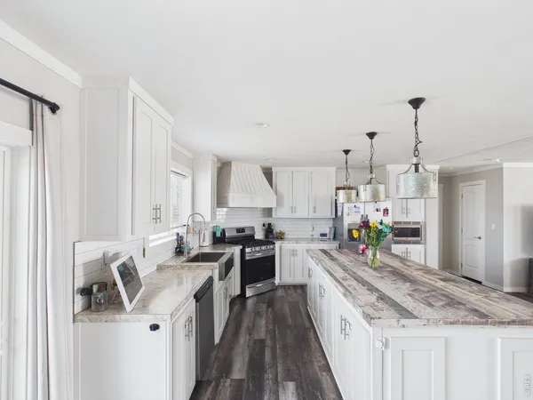 a kitchen with lots of counter top space