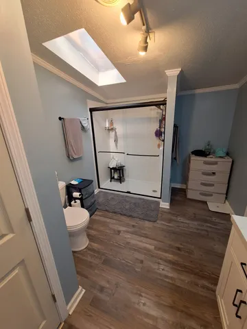 a bathroom with a toilet and a shower
